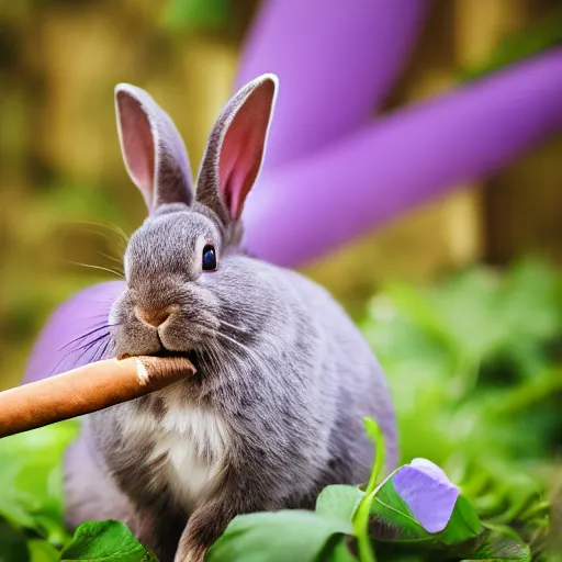 Image similar to professional photography of a violet rabbit smoking a cigar