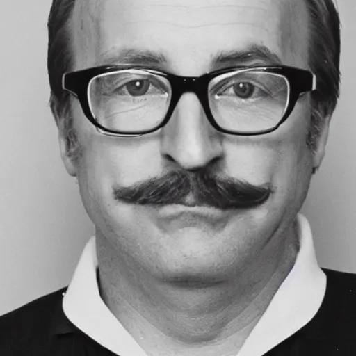 Prompt: black and white county jail mugshot of bob odenkirk, facing forward, with trimmed mustache and glasses, wearing orange prison jumpsuit