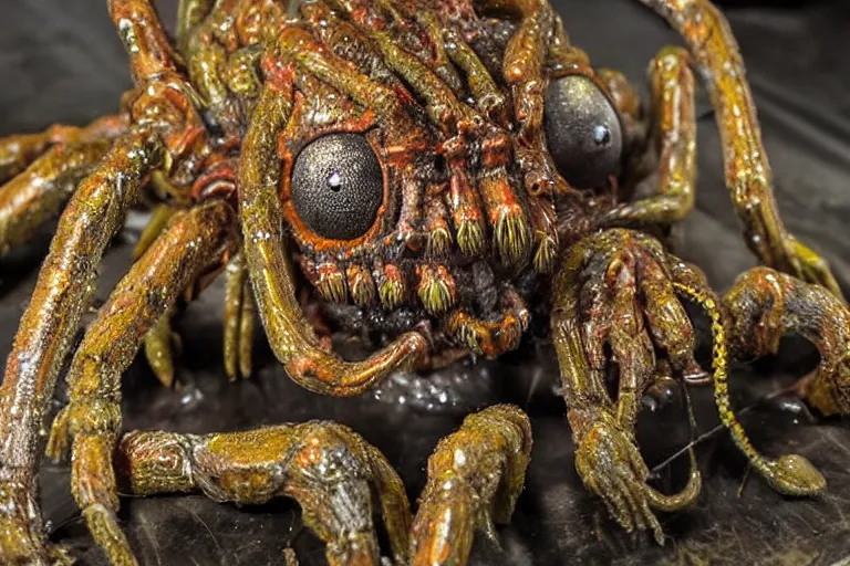 Image similar to photo taken of an epic intricate, ultra detailed, super realistic gritty, hero prop, exquisitely painted animatronic movie prop of a wet slimy grotesque nightmarish hellish mutant arachnoid creature displayed in the workshop, created by weta workshop, full body shot, photorealistic, sharp focus