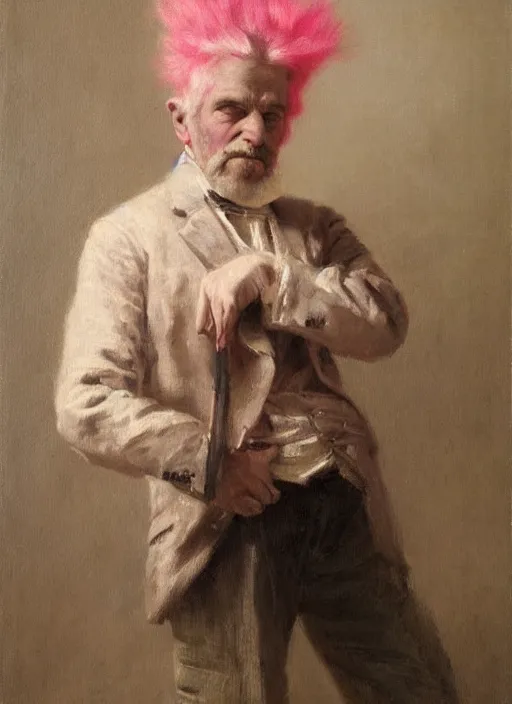 Prompt: a portrait of old man with a pink mohawk by edouard bisson, punk rock, oil painting, muted colours, soft lighting