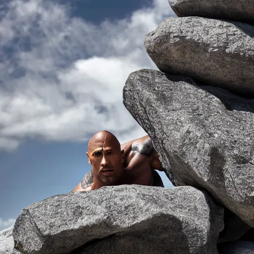 Prompt: dwayne johnson emerging from a pile of rocks. photograph.