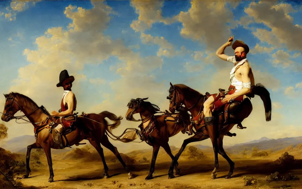 Prompt: a beautiful full body portrait of heisenberg in underpants pointing his gun in the middle of the desert, with a carriage before him, art by franz xaver winterhalter, highly detailed, elegant, jewlery, romanticism, rococo, neoclassicism, 1 8 5 0 s style painting, oil on canvas, vivid