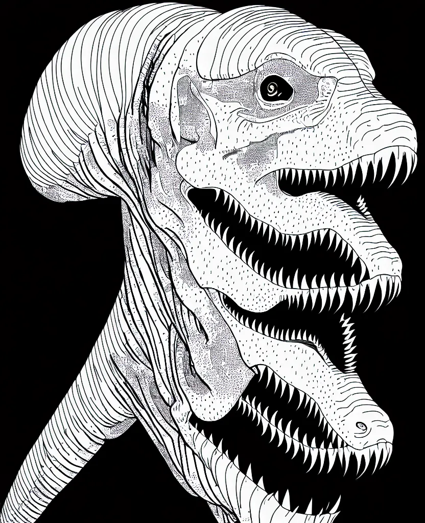 Prompt: tyrannosaurus rex walking around, symmetrical, accurate, simple clean black lines, black and white, white background and fill, coloring book, comic book, graphic art, line art, vector art, artstation