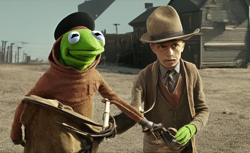 Prompt: a still of Kermit the Frog in There Will Be Blood (2007), 4k photorealistic, incredibly detailed, cinematic, high quality,