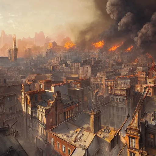 Prompt: Hyper detailed painting of a fantasy city, the city is on fire, smoke rising from the buildings to the skies, pyres on the streets, view from above, by Greg Rutkowski, trending on artstation