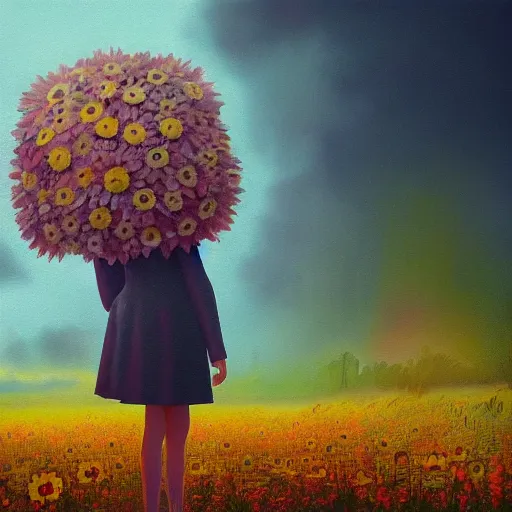 Prompt: giant daisy flower head, frontal, a girl in a suit, surreal photography, sunrise, dramatic light, impressionist painting, digital painting, artstation, simon stalenhag