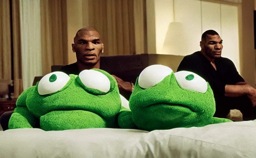 Image similar to a giant green toad sitting with mike tyson in a large clean hotel room, on a couch, movie directed by martin scorsese and christopher nolan, masterpiece, 8 h