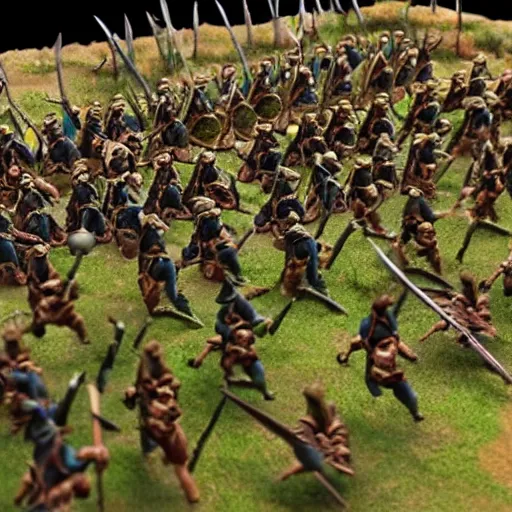 Prompt: photo taken of an epic miniature battlefield diorama, an army of high elves battling a horde of orcs, with highly detailed exquisitely painted 3 d printed characters, wide shot, photorealistic, sharp focus, f 0. 4, golden ratio, golden hour = w 7 6 8