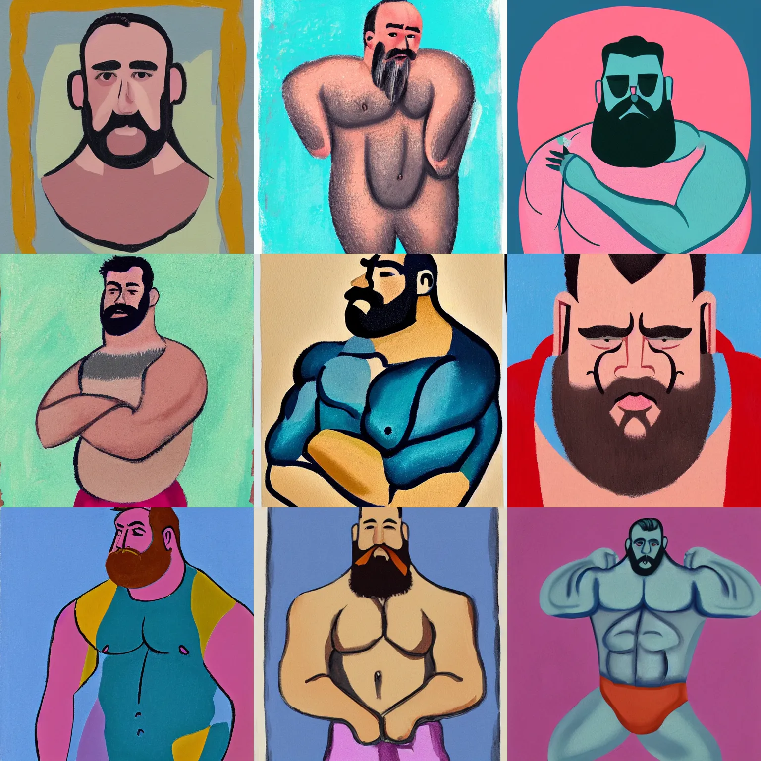 Prompt: stylized gouache portrait of a strongman, pastel colours, body hair and masculinity