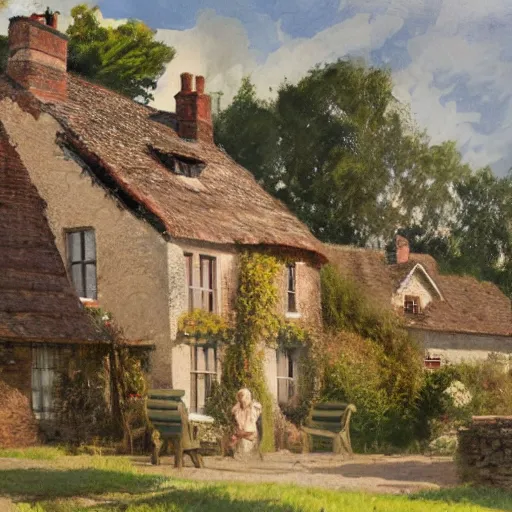 Image similar to Alex Ross and Sergio Bleda and Jérémy Petiqueux and Alex Maleev artwork of a 19th century english cottage