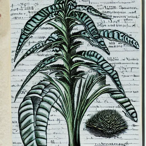 Image similar to an old journal page describing alien plants with rich illustrations