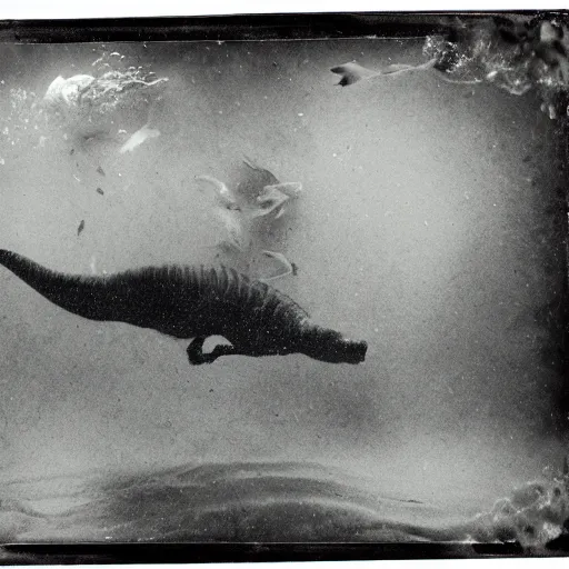 Prompt: tintype photo, underwater, dinosaur swimming