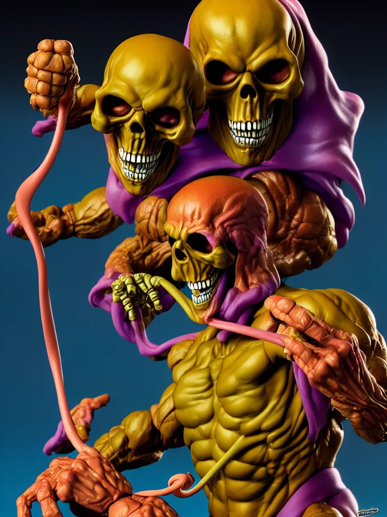 Image similar to hyperrealistic rendering, skeletor by art of skinner and richard corben and jeff easley, product photography, action figure, sofubi, studio lighting, colored gels