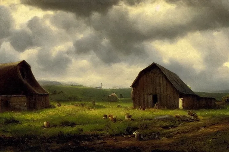 Image similar to a barn in the countryside, dramatic lighting, dramatic clouds, edward harrison compton