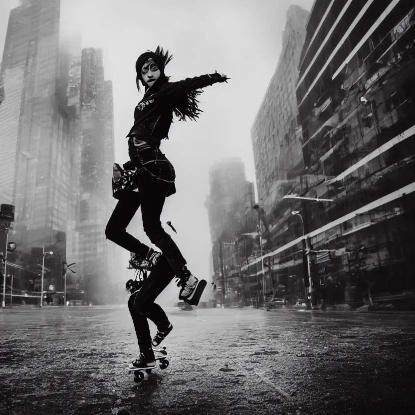 Prompt: punk girl skateboarding in the city, backlit cyberpunk buildings, wet roads at night reflecting the lights from buildings, dust, fog, cloudy night sky, dslr, 4 k, fisheye