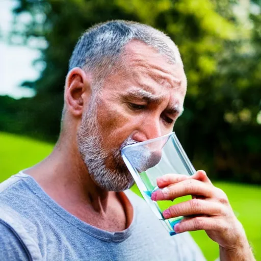 Prompt: A man drinks water from a swimming pool with a straw, 80mm lens