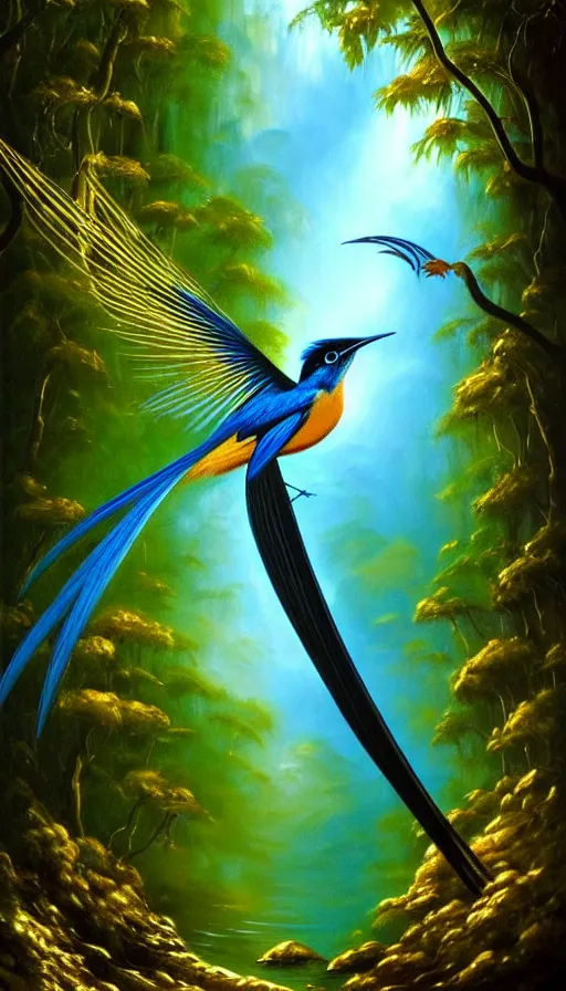 Image similar to paradise flycatcher, lush forest, gold, gems, dramatic lighting, waterfall, denoised, gothic architecture, baroque, painted by the best artists of artstation, best art in the world