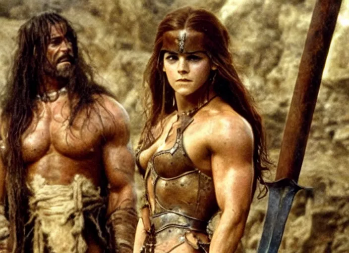 Image similar to still of muscular emma watson in conan the barbarian directed by frank frazetta, high resolution