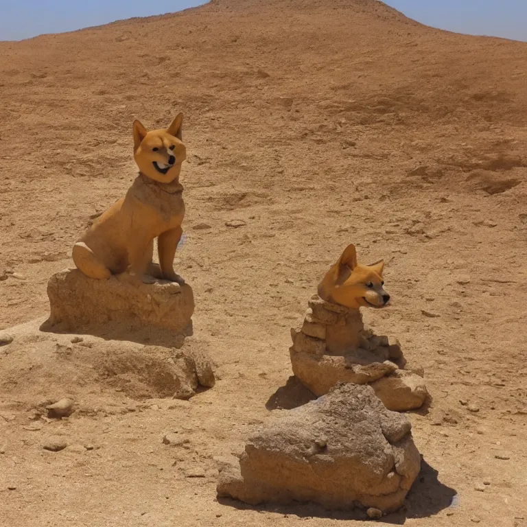 Image similar to a shiba-inu stone sphinx in the egyptian desert