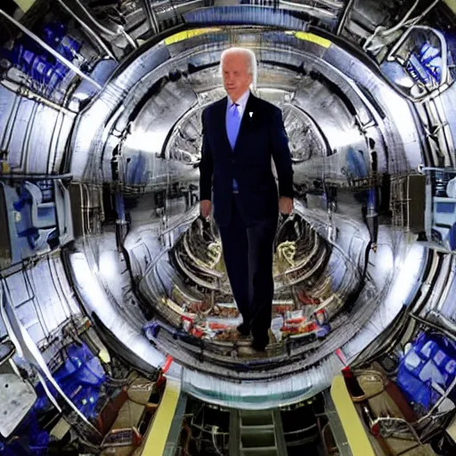 Image similar to Joe BIDEN crawling out of The Large Hadron Collider at cern with a bunch of demons behind him 4k ultra high quality surrealism