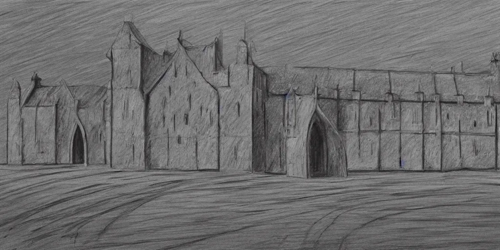 Prompt: lineart of a medieval building in a field, white charcoal, black canvas, low angle shot