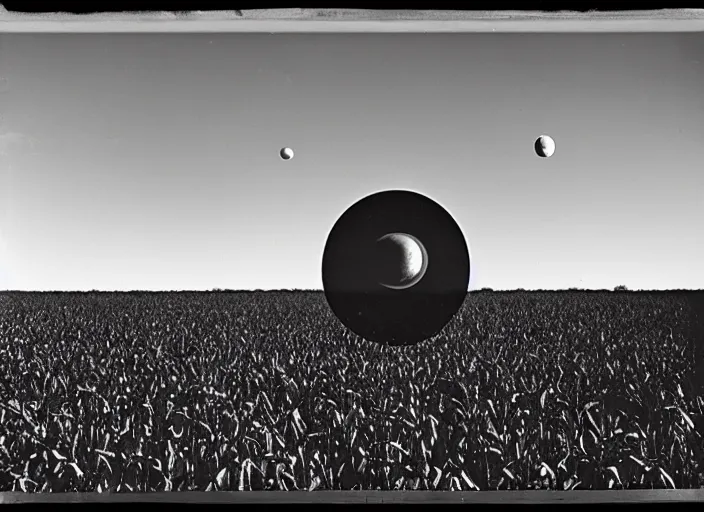 Prompt: Flying saucer landing in corn field with two moons in the sky, albumen silver print film grain photography 8mm by Timothy H. O'Sullivan