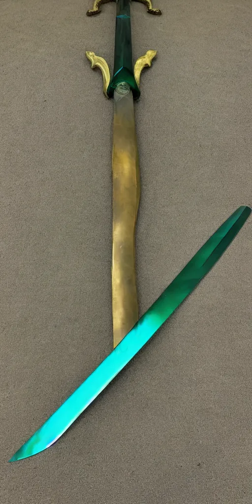 Image similar to photograph of a wide green and teal crystal sword blade attached to a big gold sword hilt