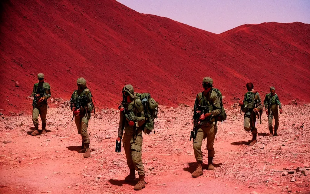 Prompt: in a dusty red desert, a team of five future soldiers in dark green tactical gear like death stranding hike. They 're afraid. mid day, heat shimmering, color, 35mm film photography