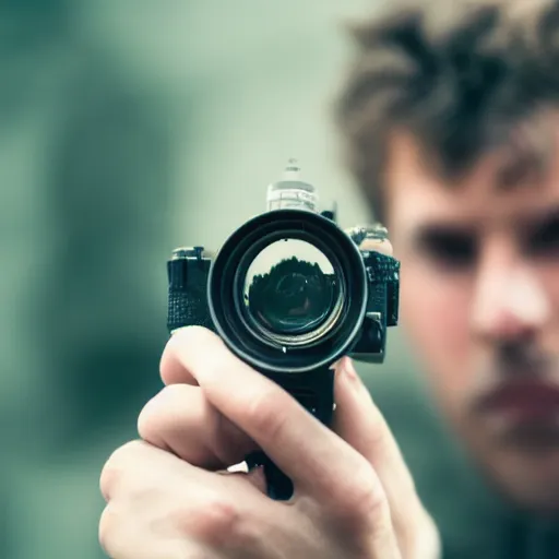 Image similar to An atmospheric close up photo of A man sticking a gun in the camera, bokeh, hard grain film, masterpiece