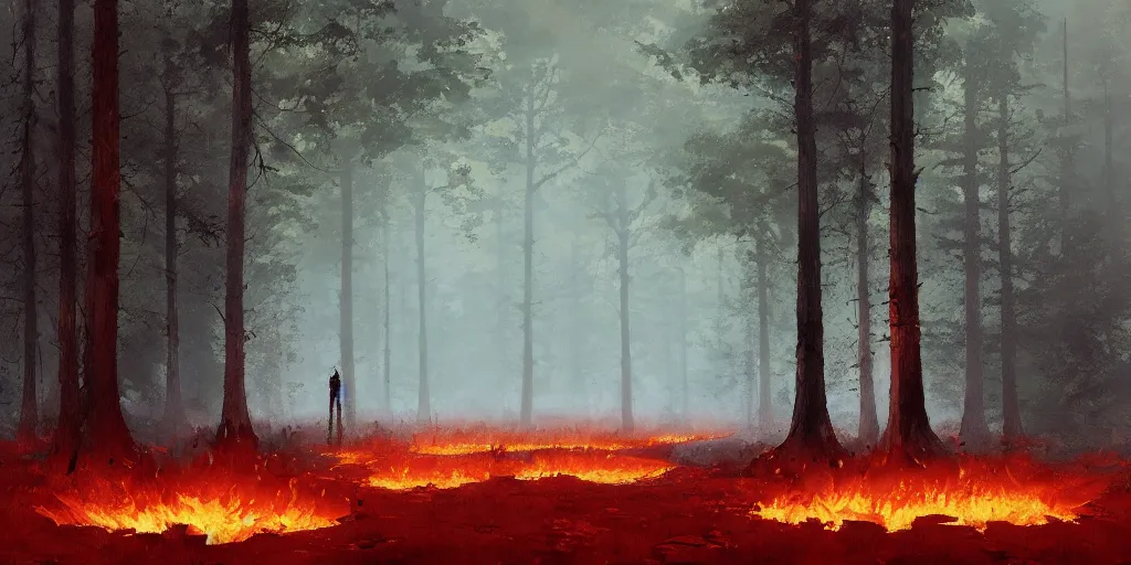 Image similar to A flaming forest , flaming leaves,fire ,Magma, artstation,by Jakub Rozalski