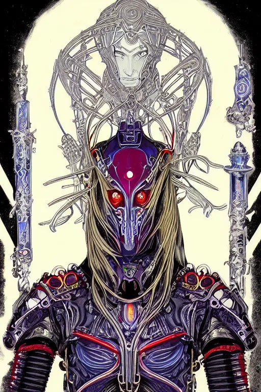 Prompt: a stunning and hypnotic full-color art nouveau and cyberpunk styled bust portrait of elric as a godlike and stoic chaos king, with violent conquering red eyes, extremely detailed aquiline facial structure, art nouveau cybernetic armor and an intricately detailed black sword of magical power, perfectly symmetrical albino facial structure and linework, handsome alien facial characteristics, by travis charesyt, michael kaluta, michael whelan and bill sienkiewicz, dark sci-fantasy, deep complexity, male face and bust, sci-fi character concept, photorealism, art nouveau framing, stunning lighting, hyperrealism, 8k