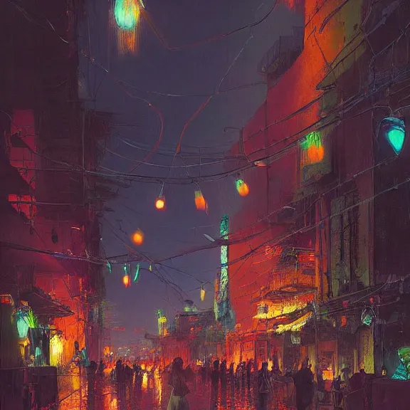 Image similar to Downtown Mexico, string lights, colorful lighting, night, by Tooth Wu, by Lienzo Óleo Paisaje, by Greg Rutkowski