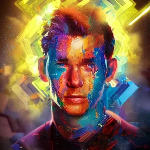 Image similar to improbability, octane render, portrait made of paint, splashes of colors, comic book art