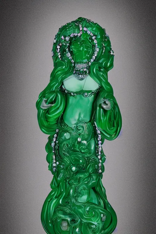 Image similar to woman wearing a magic dress made of jade, hypedetailed