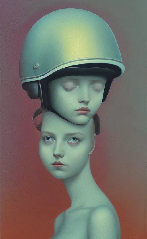 Prompt: portrait of a girl wearing helmet with tight black latex dress, Edward Hopper and James Gilleard, Zdzislaw Beksinski, Mark Ryden, Wolfgang Lettl highly detailed