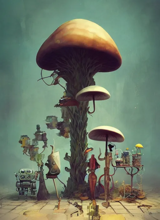 Image similar to a lively and whimsical dark apothecary, cinematic framing, where chrome robots shop grows from the stalk of a giant mushroom, cgsociety, siggraph, dystopian scifi, concept art, set design, oleg oprisco, conrad roset, anka zhuravleva, gediminas pranckevicius