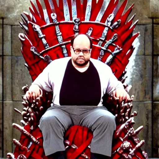 Image similar to George Costanza sitting on the iron throne from Game of Thrones