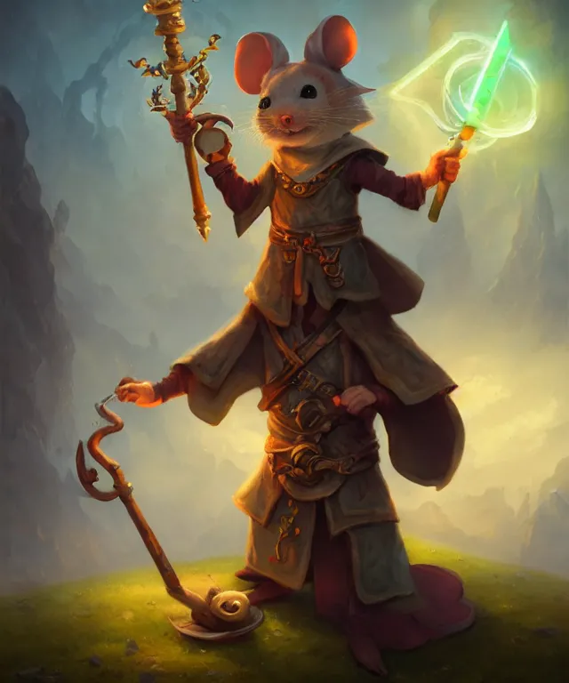 Image similar to anthropomorphic mouse mage, mage cloak, holding a large prismatic staff, standing in a beautiful landscape, cute and adorable, dnd character art portrait, matte fantasy painting, deviantart artstation, by jason felix by steve argyle by tyler jacobson by peter mohrbacher, cinematic lighting
