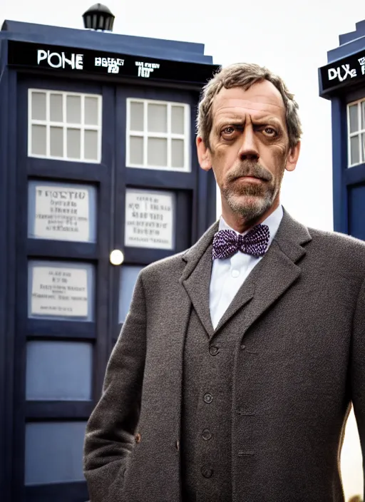 Image similar to dslr photo portrait still of hugh laurie as doctor who in front of the tardis at sunset, 8 k, 8 5 mm f 1. 4