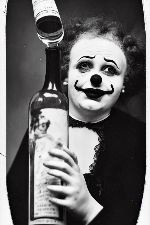 Image similar to old realistic photo of face of a female sad and tired clown, clown is holdind wine bottle, photograph, early 1 9 0 0's, black and whitehighly detailed, matte, sharp focus, smooth, sharp focus, illustration