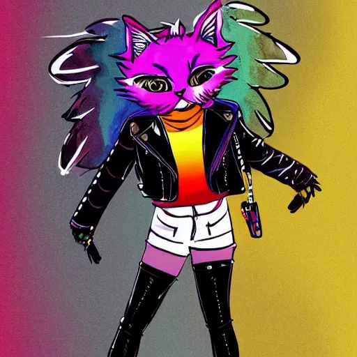 Image similar to wide angle full body, jacket wearing fluffy cute rainbow kitten wearing a black leather motorcycle jacket, cinematic concept art