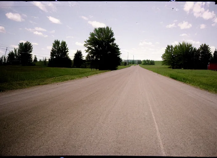 Prompt: A disposable camera picture of an empty street in a small Canadian farm town , Kodak Fling 200, 1983