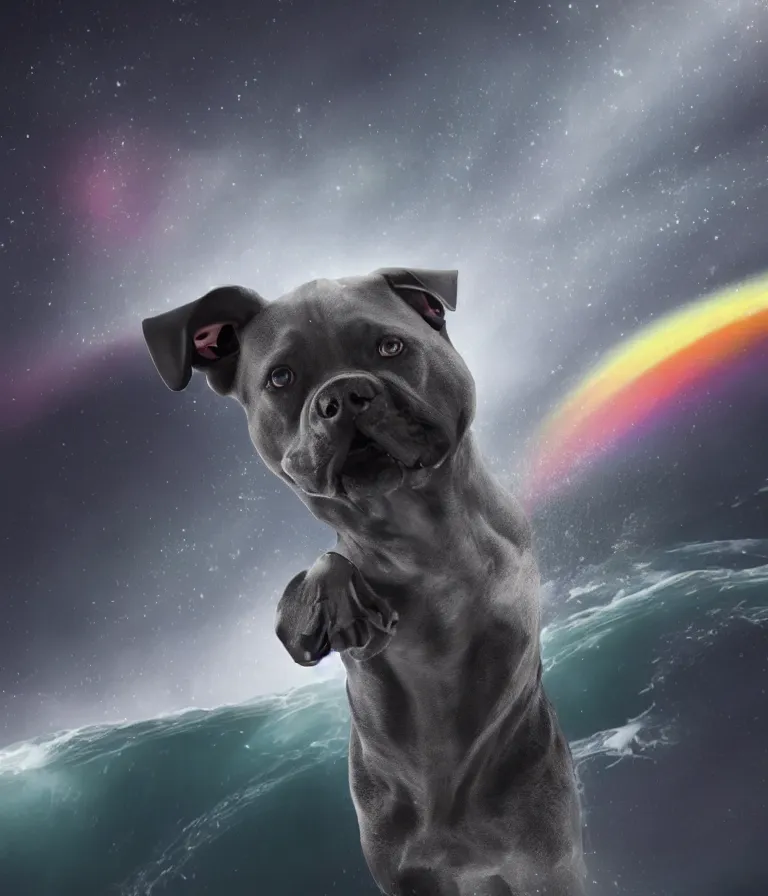 Image similar to photo of a dark gray coat pit bull with a white paws!, surfing on a surfboard in a crashing wave of alien ocean in space, background is an alien galaxy, aliens in the background, alien colors, octane render, unreal engine, wide view, 8 k, highly detailed