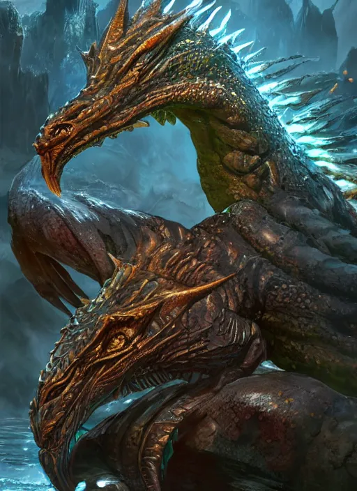 Image similar to water dragon, ultra detailed fantasy, elden ring, realistic, dnd character portrait, full body, dnd, rpg, lotr game design fanart by concept art, behance hd, artstation, deviantart, global illumination radiating a glowing aura global illumination ray tracing hdr render in unreal engine 5