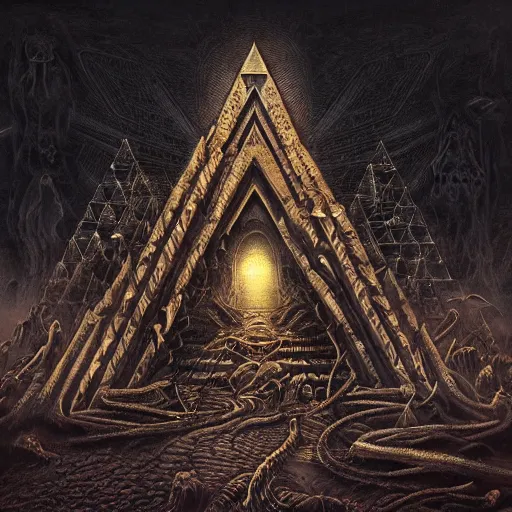 Prompt: iconic melodic death metal album cover artwork, in style of Doom, in style of Midjourney, anunnaki and the pyramid theme insanely detailed and intricate, golden ratio, elegant, ornate, unfathomable horror, elite, ominous, haunting, matte painting, cinematic, cgsociety, Andreas Marschall, James jean, Noah Bradley, Darius Zawadzki, vivid and vibrant