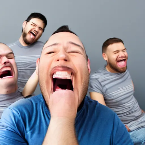 Image similar to several guys typing on keyboard while laughing very hard, mouth wide open tsticking tongues out, studio light, grey background, centered, photorealsitic