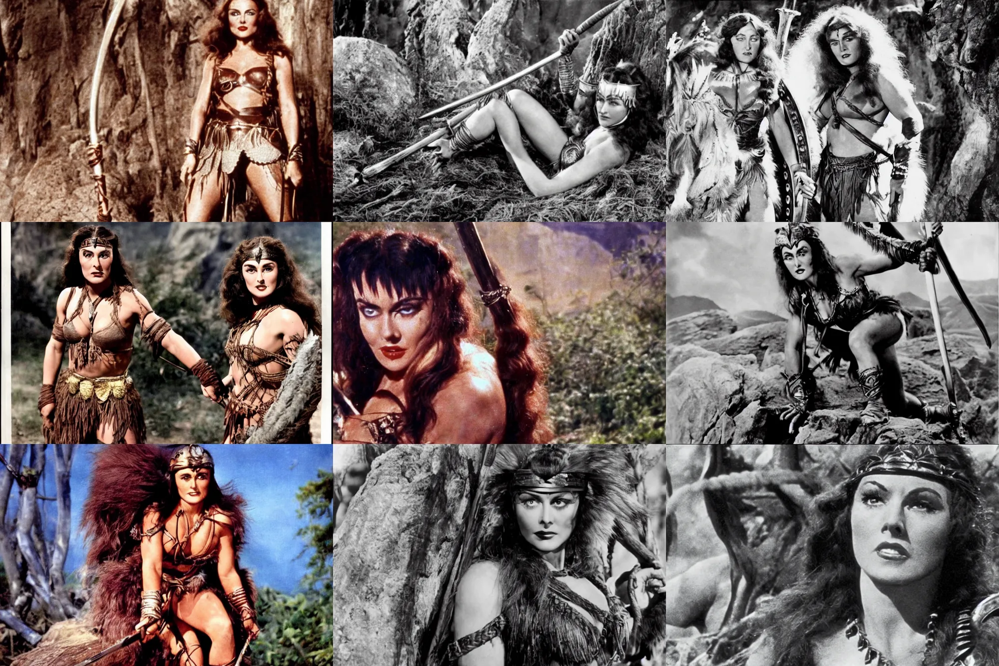 Prompt: Paulette Goddard as an Amazonian in Conan The Barbarian 1920 , film still, Technicolor