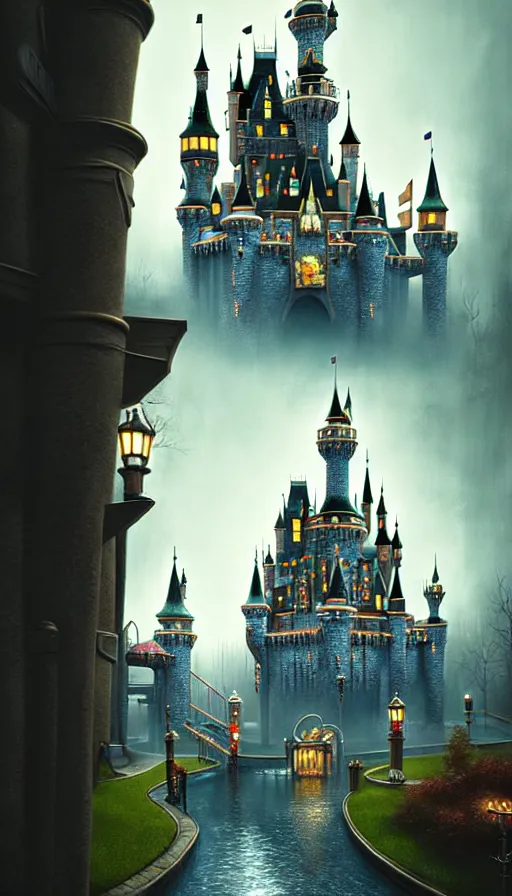 Image similar to michal karcz grunge painting of an amusement park. Cinderella Castle in the background. monster theme, detailed, elegant, intricate, 4k,