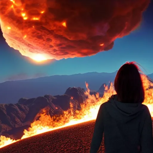 Image similar to a girl on a hill watching a flaming asteroid fall from space, octane render very realistic beatiful