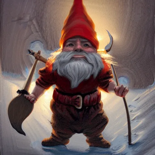 Prompt: a gnome with a brown beard smashing through a door like in the shining with a battle axe, realistic, detailed, trending on ArtStation, by Gerald Brom